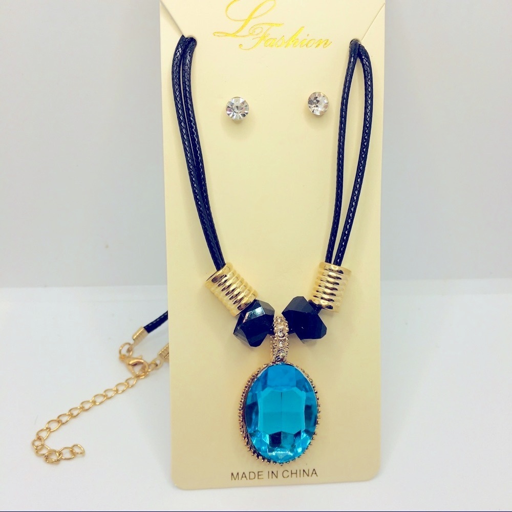 NECKLACE CHOCKER BLUE STONE & EARRINGS CRYSTAL!